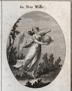 Alegoría de la voluntad. Ella está representada con alas y sosteniendo una bola de diferentes colores. Grabado en "Iconologie oder Ideen aus dem Gebiete der Leidenschaften und Allegorien"
