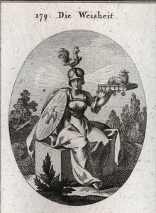 Alegoría de la sabiduría. Su vestimenta y sus armas blancas definen su fuerza y pureza. El gallo en su casco es el símbolo de su inteligencia y vigilancia. Los rayos de luz que salen de sus sienes significan dignidad y santidad. El firme libro de siete de Austrian School