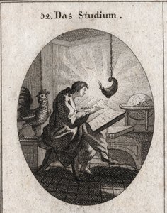 Alegoría de la escritura en un escritorio iluminado por la luz. El gallo es el atributo de la vigilancia. Grabado en "Iconologie oder Ideen aus dem Gebiete der Leidenschaften und Allegorien" de Austrian School