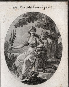 Alegoría de la clemencia. Ella está representada sosteniendo una lanza y una rama de olivo para indicar que tiene el poder de castigar pero también de perdonar. El león es el atributo de la generosidad. Grabado en "Iconologie oder Ideen aus dem Gebiete der de Austrian School