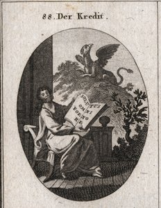 Alegoría del crédito sosteniendo un libro con la inscripción “Solutus omni foenore” (Libre de toda ganancia). En el fondo un grifo, símbolo de la preservación de los tesoros. Grabado en “Iconologie oder Ideen aus dem Gebiete der Leidenschaften und Allegori