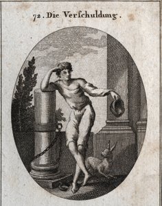 Alegoría del débito. La liebre y el gorro (verde) que sostiene, así como la cadena atada a la columna en ruinas, son los emblemas que indican que el deudor siempre teme que el insolvente le haga perder su honor o su libertad. Grabado en “I de Austrian School