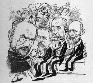 Emile Zola intenta desbloquear las cerraduras que cierran las bocas de los presidentes Jean Casimir-Perier (1847-1907) y Felix Faure (1841-1899) así como del presidente del Consejo Jules Meline (1838-1925), mientras que en el fondo, Henri Rochefort (1831-1 de Austrian School