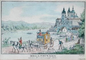Carro del Servicio Postal Imperial Austriaco frente a la Abadía de Melk junto al río Danubio, principios del siglo XIX de Austrian School