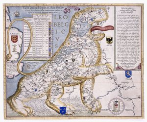 Leo Belgicus, mostrando los Países Bajos en forma de león, 1586