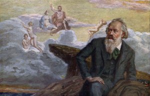 Postal que muestra a Johannes Brahms (1833-97) componiendo su 1ª Sinfonía Op.68, c.1900