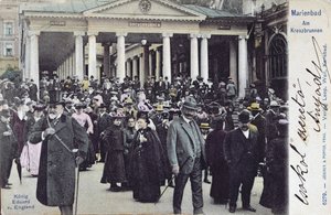 Postal que representa al Rey Eduardo VII (1841-1910) visitando el balneario de Marienbad, c.1905 de Austrian School