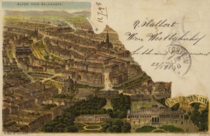 Postal que muestra una vista aérea de la ciudad de Viena de Austrian School