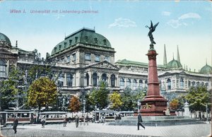 Postal que representa la Universidad de Viena y el Monumento Liebenberg, c.1915