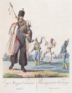 Soldados de un regimiento húngaro realizando una danza de reclutamiento, ilustración de un libro Costumes de Hongrie, publicado en Viena, 1810 de Austrian School