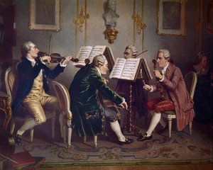 Cuarteto de cuerda interpretando una obra de Mozart (Música de cámara) (Litografía de Austrian School