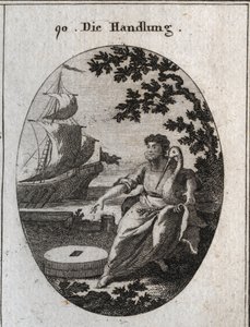 Alegoría del comercio. A sus pies se colocan dos molinos uno sobre el otro y sostiene una cigüeña en sus brazos. Sus dos atributos significan que la ayuda mutua es la fuerza del comercio. Al fondo, un barco de vela completa. Grabado en "Iconologie oder Ide de Austrian School