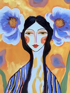 Mujer boho con flores azules