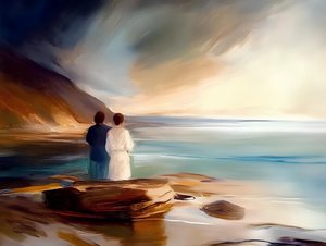 Pareja al atardecer en la costa
