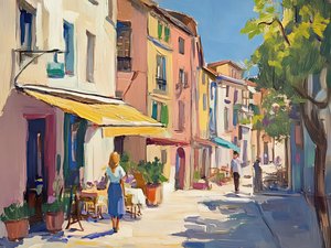 Calle de cafeterías europeas soleadas de Avanesova Elena