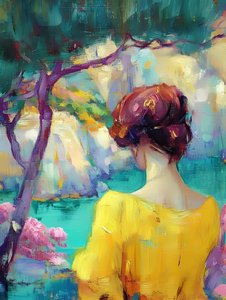 Mujer en un jardín colorido