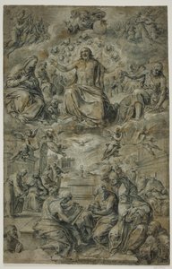 Disputa del Santísimo Sacramento con la Trinidad flotando en el cielo de Avanzino Nucci