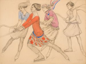 Hockey sobre hielo (lápiz con acuarela y tinta sobre papel) de Averil Mary Burleigh