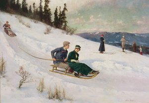 Montar en trineo y esquiar (óleo sobre lienzo) de Axel Hjalmar Ender