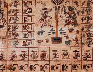 Representación de deidades aztecas y cajas correspondientes al calendario. Página del manuscrito azteca en corteza Codex Borbonicus, códice indígena precolombino del centro de México, finales del siglo XV. Biblioteca de la Asamblea Nacional (Palais Bourbon de Aztec