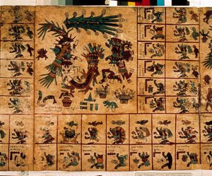 Representación de deidades aztecas y cajas correspondientes al calendario. Página del manuscrito azteca en corteza "Códice Borbónico", códice indígena precolombino del centro de México, finales del siglo XV. Biblioteca de la Asamblea Nacional (Palais Bourb de Aztec