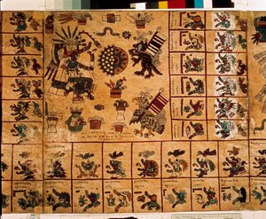 Representación de deidades aztecas y cajas correspondientes al calendario. Página del manuscrito azteca en corteza “Códice Borbónico”, códice indígena precolombino del centro de México, finales del siglo XV. Biblioteca de la Asamblea Nacional (Palais Bourb de Aztec