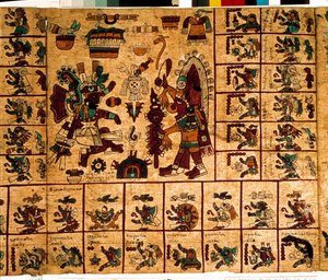 Representación de deidades aztecas y cajas correspondientes al calendario. Página del manuscrito azteca en corteza “Códice Borbónico”, códice indígena precolombino del centro de México, finales del siglo XV. Biblioteca de la Asamblea Nacional (Palais Bourb de Aztec