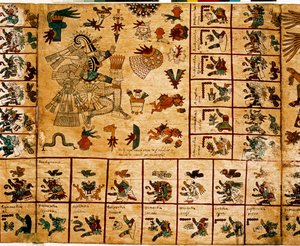 Representación de deidades aztecas y cajas correspondientes al calendario. Página del manuscrito azteca en corteza 