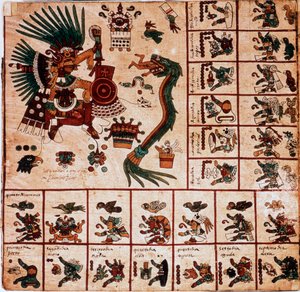 Representación de Quetzalcóatl y Tezcatlipoca, deidades aztecas y cajas correspondientes al calendario. Página del manuscrito azteca en corteza "Códice Borbónico", códice indígena precolombino del centro de México, finales del siglo XV. Biblioteca de la As de Aztec