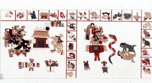 El dios azteca Cihuacohuatl representado en un manuscrito jeroglífico, pictogramas