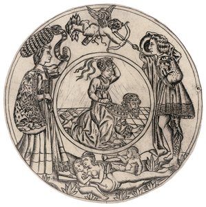 Aristóteles y Filis, rodeados por un joven y una mujer con Eros, y una mujer desnuda reclinada con dos niños, segunda mitad del siglo XV de Baccio Baldini