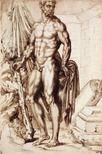 Hércules girado a la izquierda, apoyado en su garrote, sosteniendo una tela, junto a las ruinas de un templo de Baccio Bandinelli