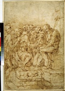 ""Cristo Con Los Símbolos De La Pasión Rodeado De Siete Figuras"" (Cristo Con Los Símbolos De La Pasión Asistido Por Siete Figuras) Dibujo En Tinta Marrón Por Baccio Bandinelli (1493-1560) Siglo XVI Museo Pushkin De Moscú