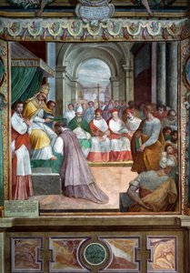 Celestino III consagrando al primer obispo de Viterbo en 1192, detalle de los frescos de Baldassare Croce