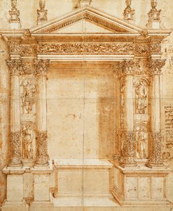 Diseño para un Altar con un Tabernáculo con Frontón Soportado por Estatuas Corintias Emparejadas de Santa Lucía, Santa Inés, San Ansano y San Esteban en Nichos Entre Ellos de Baldassarre Peruzzi