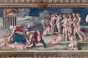 Deucalión y Pirra lanzando piedras de Baldassarre Peruzzi