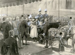 El Rey Eduardo VII y la Reina Alexandra - Stand del Consejo del Condado de Londres en Trafalgar Square, 24 de octubre de 1902 (acuarela sobre papel)