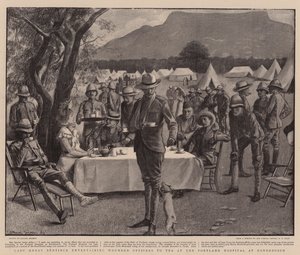 Lady Henry Bentinck invita a oficiales heridos a tomar el té en el Hospital Portland de Rondebosch (litografía) de Balliol (after) Salmon