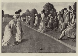 El renacimiento del croquet, torneo femenino en el Sheen House Club (litografía)
