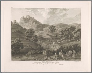 Vista de Roccagiovine Rocca Giovine (título sobre objeto) Suite de VI vues des Environs de Rome (...) (título de la serie) de Balthasar Anton Dunker