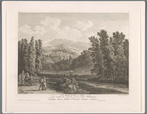 Gezicht op Vicovaro Vista de Vicovaro viejo. Varia (título en objeto) Suite de VI Vistas de los alrededores de Roma (...) (título de la serie) de Balthasar Anton Dunker