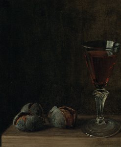 Un vaso de vino con nueces en una mesa de Balthasar Denner
