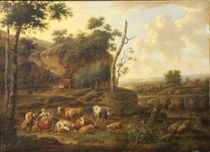 Paisaje con figuras y animales.