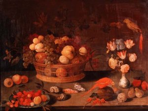 Una naturaleza muerta de duraznos, manzanas y uvas en una cesta de mimbre, flores en un jarrón chino y dos loros en una mesa de Balthasar van der(follower of) Ast