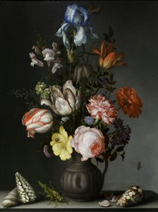 Flores en un jarrón con conchas e insectos, hacia 1630 (óleo sobre roble) de Balthasar van der Ast