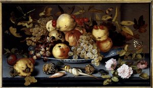 Naturaleza muerta de frutas, flores, conchas e insectos. Pintura de Balthasar Van Der Ast (1590-1656)