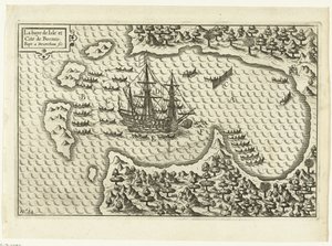 Llegada a Borneo, 1600 La baye de Isle et Cite de Borneo (título en el objeto), RP-P-OB-75.411 de Baptista van Doetechum
