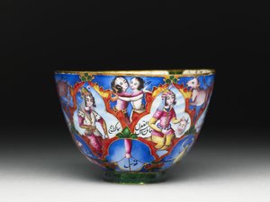 Cuenco con tapa, platillo y cuchara con decoración astrológica, principios del siglo XIX de Baqir