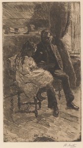 Interior con un hombre y una chica leyendo un libro juntos de Barbara Elisabeth van Houten (signed by artist)