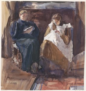 Señora lectora y chica bordadora, vistas de frente, en la casa de Riouwstraat 6, La Haya de Barbara Elisabeth van Houten